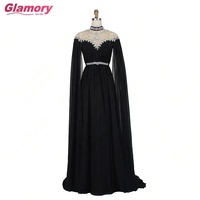 Robes pas cher Kaftan Abiye Robe De Soirée Noire Manches Longues Perlée Cristal Mousseline De Soie Robe Formelle Femmes Élégante Robe Robe