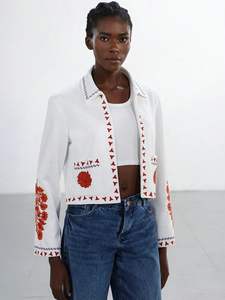 Chaqueta Unisex Blanca de Pato con Diseño Floral en Lona, Largo Regular, Ecológica, Acolchada, Informal, para Fiestas, con Forro de Algodón - Product Image 5