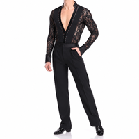 Chemise de danse latine/de salon pour homme à manches longues, en fibre de polyester antibactérienne, avec dentelle ornée de strass et empiècements multicolores