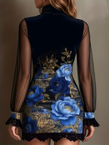 Vestido Sexy con Encaje y Parches, Estilo Imperio, con Diseño de Malla con Estampado Floral, Falda Corta en la Cadera, Estilo para Fiestas - Product Image 4