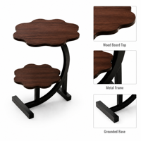 Table d'appoint en forme de pétale à double niveau, plateau en bois à 2 niveaux, cadre en métal, table d'angle pour canapé, 3 couleurs