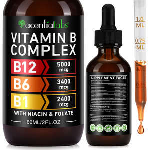 Acentiallabs Vitamina B12 Gotas líquidas Sabor a frambuesa Suplementos orgánicos veganos del <span class=keywords><strong>complejo</strong></span> de vitamina <span class=keywords><strong>B</strong></span> para el apoyo del cerebro y el corazón - Product Image 1