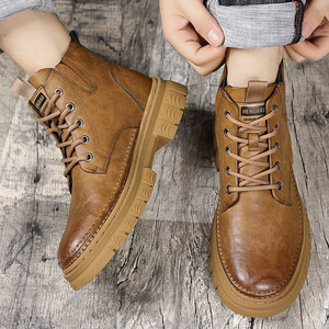 Botas para Hombre, con Punta Redonda, de Cuero, con Cordones, Antideslizantes, Forro de Felpa, Suela de Goma, Botas de Trabajo Casuales de Invierno - Product Image 2