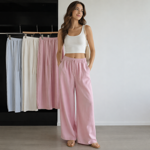 <span class=keywords><strong>Pantaloni</strong></span> a gamba larga in <span class=keywords><strong>lino</strong></span> lavato con bordi rifiniti per <span class=keywords><strong>donna</strong></span>; <span class=keywords><strong>Pantaloni</strong></span> estivi sottili a vita alta, larghi e a gamba dritta; Casual senza sforzo - Product Image 1