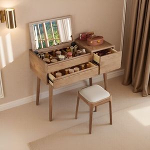Solid Wood Flip Top Ash <b>Dressing</b> Table With Lighted Mirror Bedroom Makeup Vanity Natural Wood Color - Product Image 1
