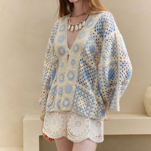 Cárdigan de Punto Holgado con Hombros Caídos y Cuello en V con Patrón Geométrico de Crochet para <span class=keywords><strong>Mujer</strong></span>, Estilo Boho para Vacaciones en la Playa - Product Image 3