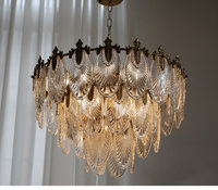Lustre vintage de luxe en fer et verre, finition laiton antique, suspension centrale, commande intelligente, style rétro français, lampe de plafond suspendue en forme de feuille