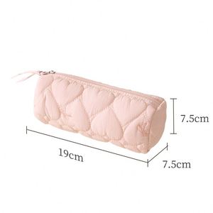 Custom Logo Heart Quilted Nylon Pencil <b>Case</b> Portable Zipper Pen Pouch <b>Makeup</b> <b>Brush</b> Cosmetic Storage Bag for Students - Product Image 2