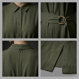 Robe chemise vert olive à col en V avec ceinture et ourlet asymétrique, longueur midi, tenue décontractée d'été pour femmes - Product Image 5