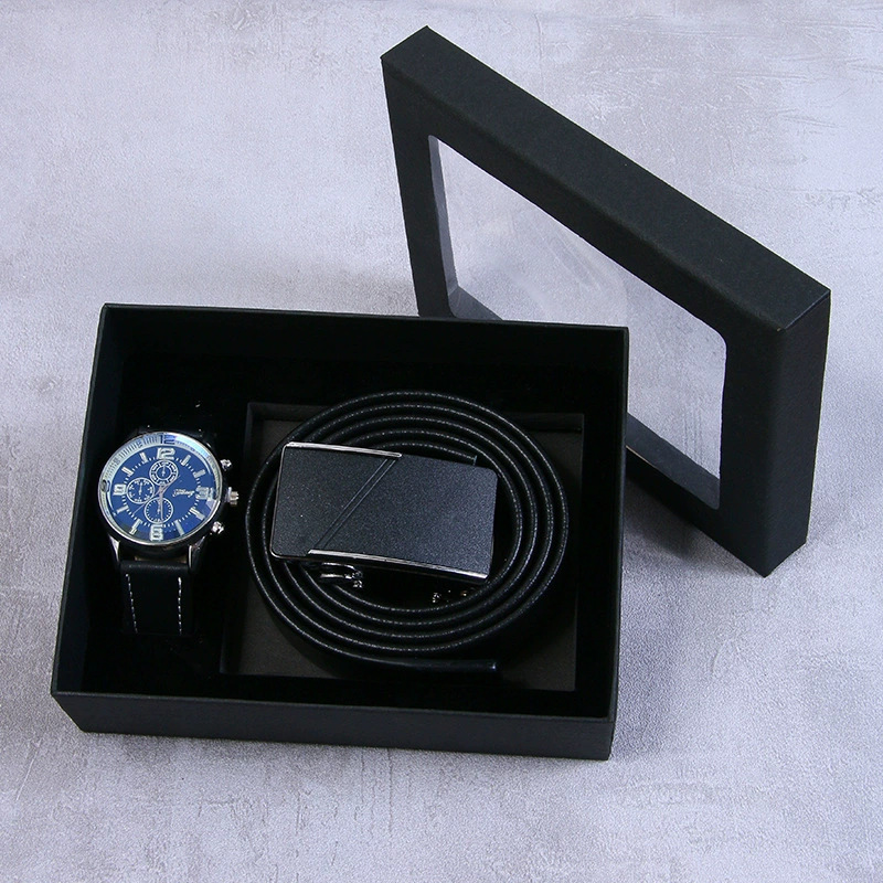Juego de 3 piezas de reloj con cinturón negro, exquisita caja de regalo.