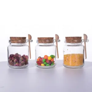 Glass preserve jars food airtight kitchen storage spice jar with cork lid and wooden spoon