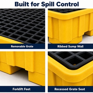 Bac <span class=keywords><strong>de</strong></span> récupération des liquides jaune peu profond à grille carrée, parois côtelées, ouvertures frontales pour chariots élévateurs, pour la collecte des gouttes des fûts - Product Image 4
