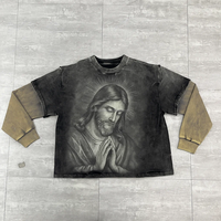 T-shirt personnalisé streetwear avec impression DTG, coupe ample, effet délavé au soleil, délavé à l'acide, double couche, manches longues, pour hommes