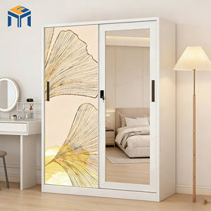 Nuovo Design <span class=keywords><strong>Armadio</strong></span> Scorrevole in Acciaio Goffrato con <span class=keywords><strong>Specchio</strong></span> Intero, <span class=keywords><strong>Armadio</strong></span> Metallico con Serratura per Camera da Letto - Product Image 4