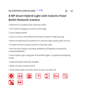 HIK <b>DS</b>-2CD2T87G3-LIS2UY/S(L) AcuSeek 8 MP CMOS Smart Hybrid Light with ColorVu Fixed Bullet Network Camera IP67 Rated H.265 - Product Image 5