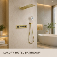 Ensemble de douche encastré mural thermostatique avec système de douche pluie, mitigeur en laiton, personnalisable OEM pour hôtel, finition or brossé