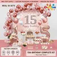 Kit complet OEM Or Rose pour Anniversaire 15 Ans : Ballons Chiffres, Nappe, Toile de Fond et Bannière – Fournitures pour Organisateur d'Événements d'Anniversaire de Filles