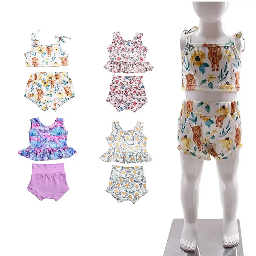 赤ちゃんブティック服0-16女の子の衣装夏のカスタム印刷女の子かわいいとファッションセットキッズホルタートップとショーツスーツ