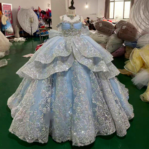 For MC047 Natural Waist Appliques Light Blue Flower Girl <b>Dress</b> <b>Silver</b> Beaded Ruffled Glitter Tulle Ball Gown Bow Wedding - Product Image 1