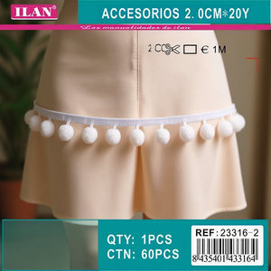 Passamaneria Ilan Pom Pom Larga 2.0 Cm Lunghezza 1 M Bianca Per Decorazione Gonne - Product Image 3