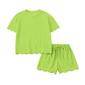 GSSO3180 Vente en gros personnalisée Petite fille cyan uni Imprimé été coton Tenues à manches courtes Ensemble de vêtements pour enfants - Product Image 5