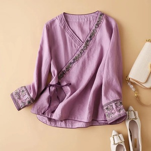 Embroidered Cotton Linen Top Women Loose Fit V Neck Diagonal Placket Purple Ethnic Style Tea Dress - Product Image 1