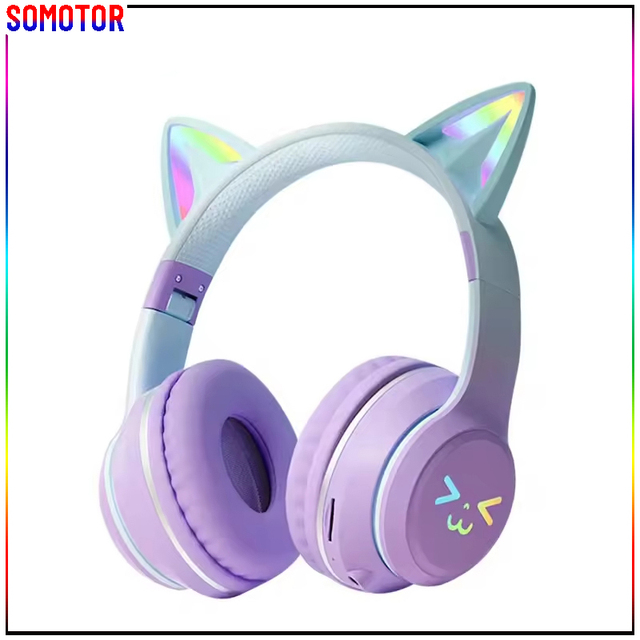 Cute Glowing cat Ear Bluetooth Headphones with Gradient Color Design Breathing Light Headset for Live Streamer for Kids