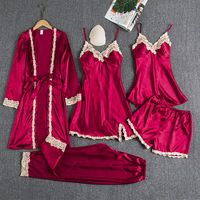 Bata de verano para mujer, cárdigan, pijama, bata de satén de manga larga teñida lisa, estilo seda helada, conjunto de 5 piezas