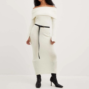 เดรสยาวไหมพรมแขนยาวสำหรับผู้หญิงคุณภาพสูง สีขาว ทรงเข้ารูป เหมาะสำหรับฤดูหนาว - Product Image 6