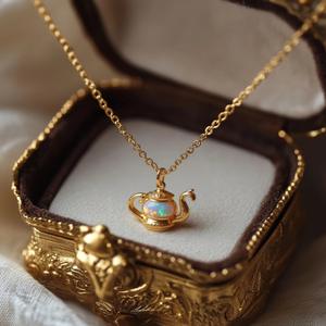 Aobao 天然石ペンダントネックレス アラジン魔法のランプ 欧米風ヴィンテージジュエリー 光るティーポットビーズ 銅ネックレス - Product Image 2