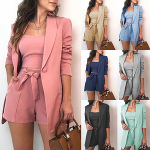 Sexy Temperament Fashion Casual Lapel Cardigan Solid Color Top With Vest Shorts Women's Suit 3 Piece <b>Set</b> Fashion - Product Image 2
