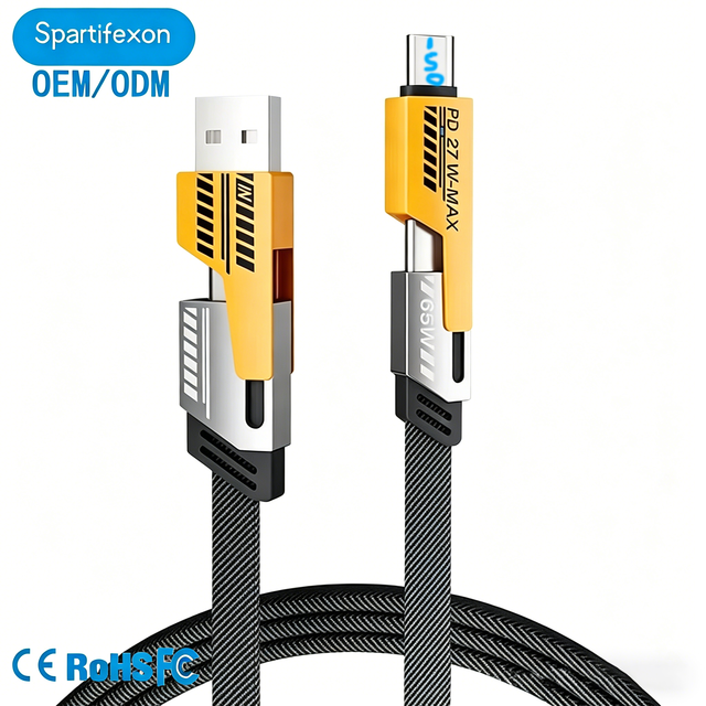 Universal 4-in-1 Fast Charging Cable Voltage Monitor 65W PD High-Speed Data Sync Power Delivery for IOS & Android Car Daily Use