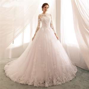 Long Sleeve O Neck Ball Gown Wedding Dress Pure White Ivory Vintage Style Plus Size Train Lace Detailing European American - Product Image 1