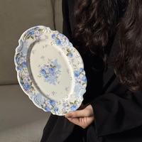 Services de table en céramique bleu français à motif floral, vaisselle en porcelaine avec relief floral Shadow Rose, assiettes de dîner