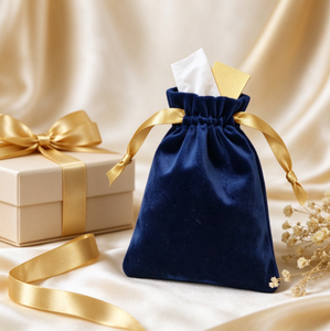 Premium Velour Drawstring Gift Bag, Deep Blue Velvet Pouch with <b>Gold</b> <b>Ribbon</b> for Jewelry, Perfume and Tiny Accessories Storage - Product Image 6