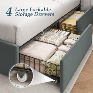 Khung giường nữ hoàng với ngăn kéo lưu trữ, Nữ Hoàng Kích thước nền tảng khung giường với nhung bọc đầu giường - Product Image 2