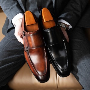 Zapatos italianos Brogue pintados a mano para hombre, mocasines informales con doble hebilla de <span class=keywords><strong>monje</strong></span>, zapatos de negocios de piel de vaca brillante - Product Image 1
