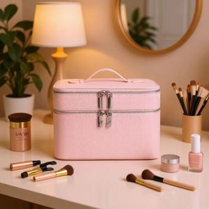 Litchi Grain PU Leather Double Layer Cosmetic <b>Case</b> with Top Handle - Product Image 2