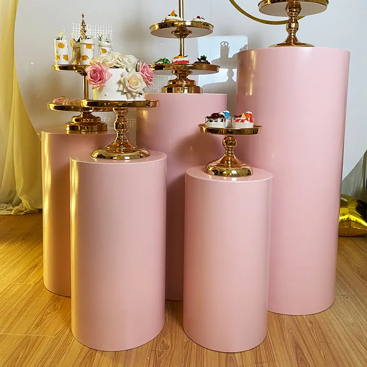 Table Dessert Stand Party Metal Round Column Flower Cylinder Plinths Pink White Round Cakes Stand Display For Wedding Decoration