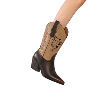 Bottes de cowgirl western avec broderie de taureau, bottes mi-mollet bicolores en PU avec bout carré/pointu, talon épais, confort et style.