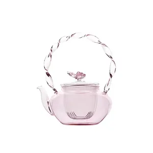 粉色蝴蝶纽扣盖创意热玻璃茶壶