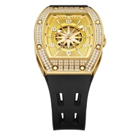 Montre mécanique automatique tonneau squelette en or avec bracelet en silicone, personnalisable avec logo OEM, sertie de diamants Moissanite