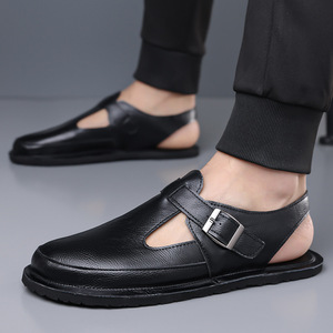 Sandalias con correa en T para hombre, de cuero genuino, punta abierta, suela de goma, informales, transpirables, con hebilla, fáciles de poner, para verano. - Product Image 3