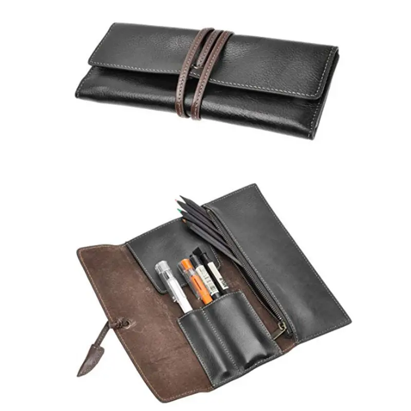 Factory Custom Luxury Leather Pencil Cases Roll Pen Bag Storage Pouch Stationery School&Office Pen Holder
