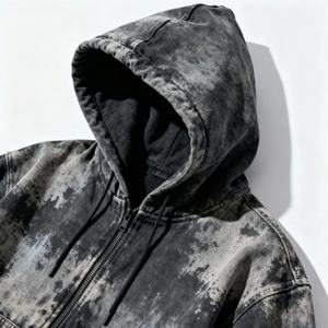 Men's Black Distressed Tie-Dye <b>Zip</b>-<b>Up</b> <b>Hoodie</b>, Vintage Washed Casual Outerwear for Daily Wear & Fashion Events - Product Image 3