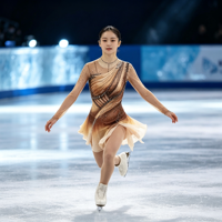 Robe de patinage artistique marron beige dégradé avec strass, dos en maille ajourée pour la compétition et les spectacles