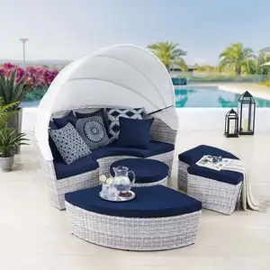 Rattan Outdoor Round Sectional Sunbed mit Canopy Daybed