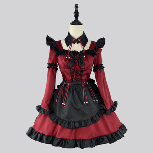 Claret Gothic Lolita Maid Dress With Ruffles And Apron For Anime Cosplay Costume Performance - Product Image 1