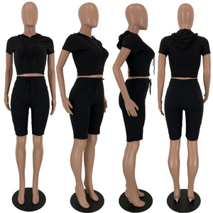Pantaloni sportivi a manica corta e felpa <span class=keywords><strong>con</strong></span> cappuccio più pantaloncini da motociclista in tinta unita in cotone 3XL abbinati Set di pantaloncini da motociclista completi Set due pezzi - Product Image 4