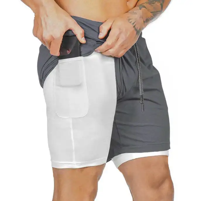 पुरुषों जेब के साथ 1 में 2 चल शॉर्ट्स त्वरित सूखी सांस सक्रिय जिम कसरत शॉर्ट्स